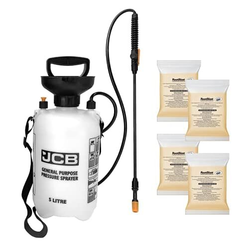 Rootblast - 4 x 100ml Concentrated Weedkiller - 5L JCB Garden Sprayer - Glyphosate Weedkiller - Covers up to 66 sqm.per sachet